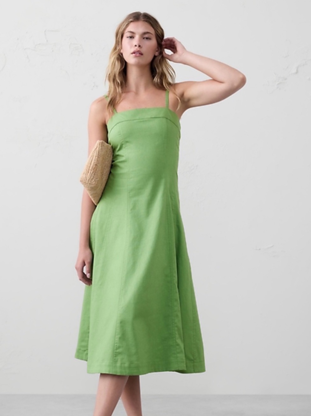 Green Sleeveless Square-Neck Midi Dress